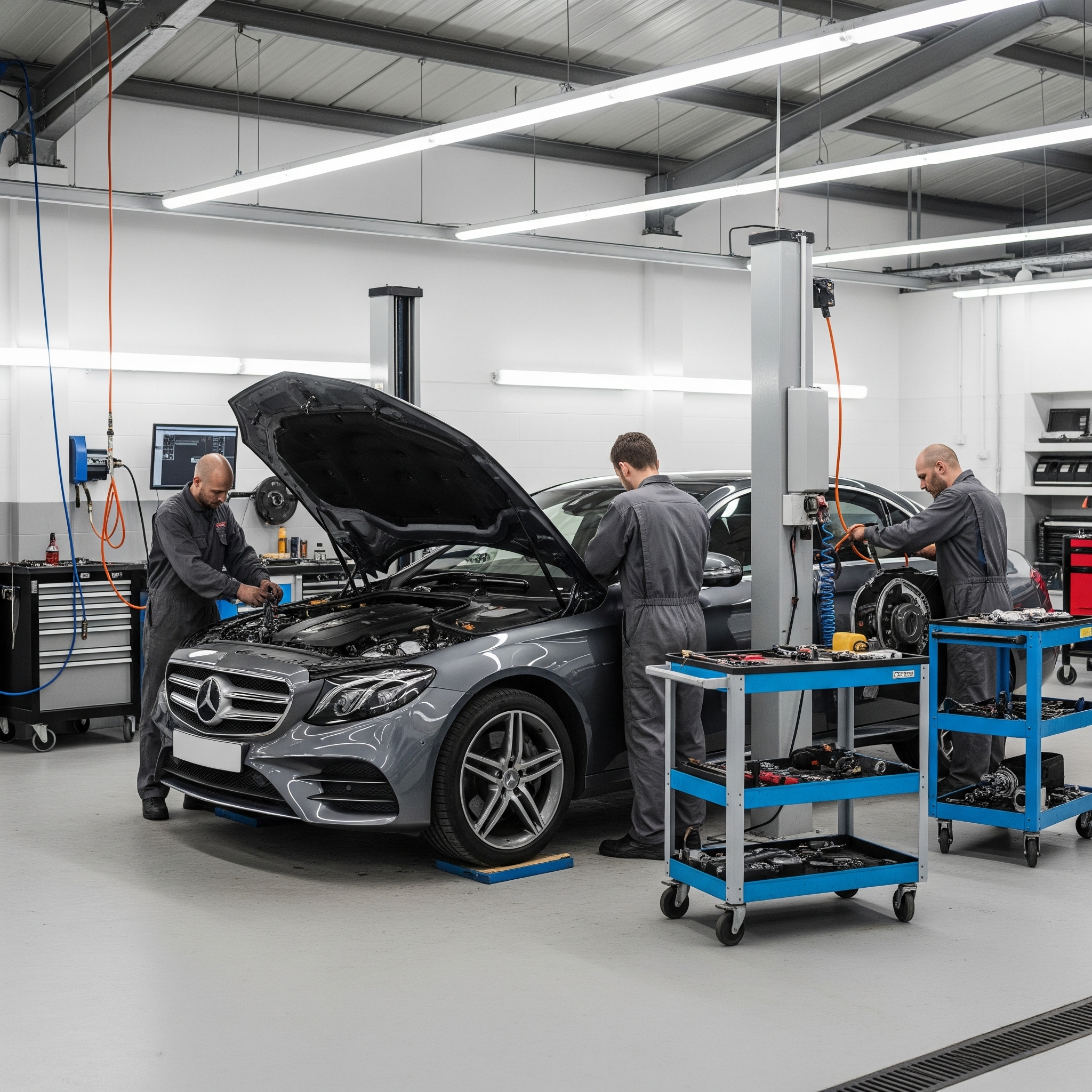 Mercedes car being repaired at Unique Autos Oldham garage