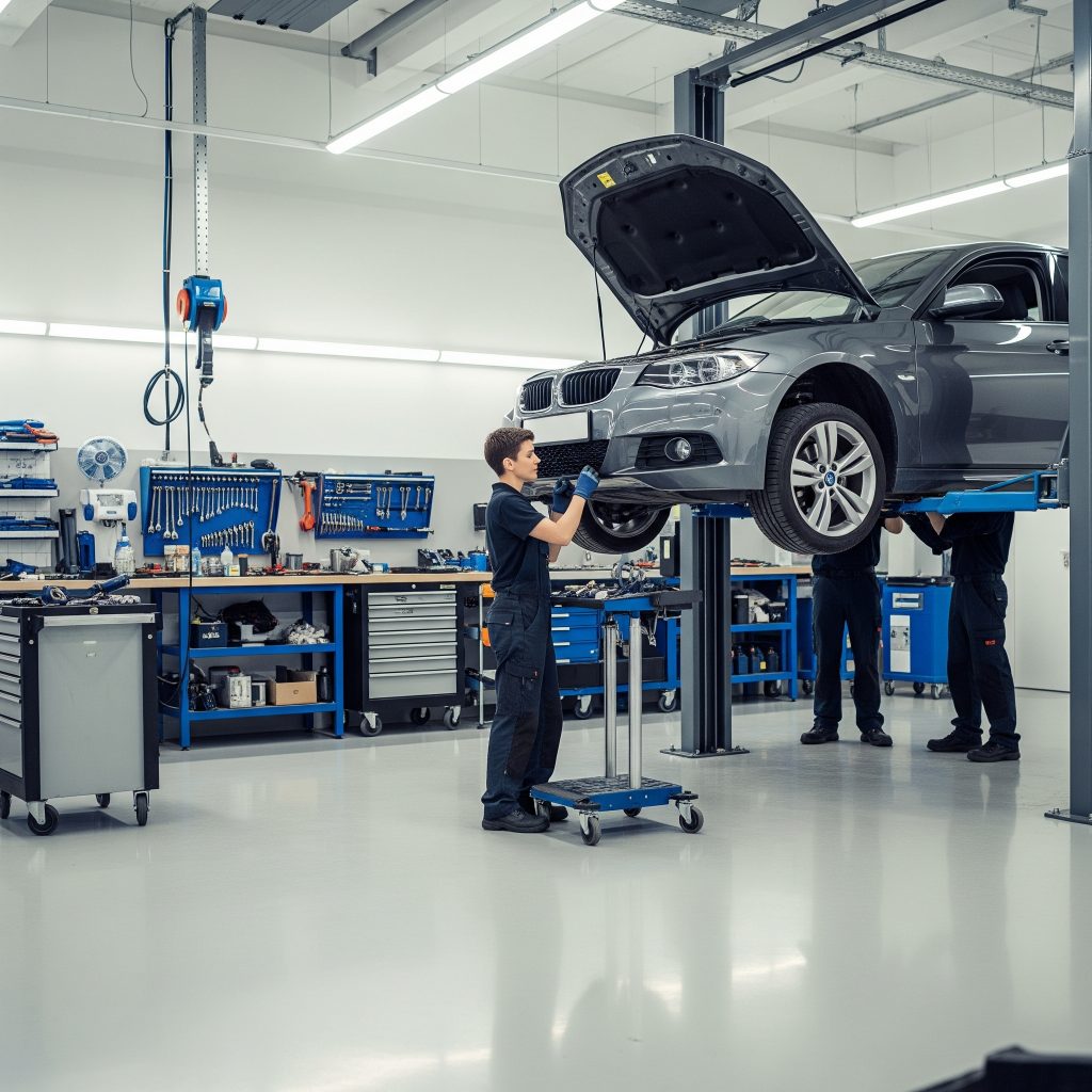 A Picture of a BMW being repaired at the Garage.