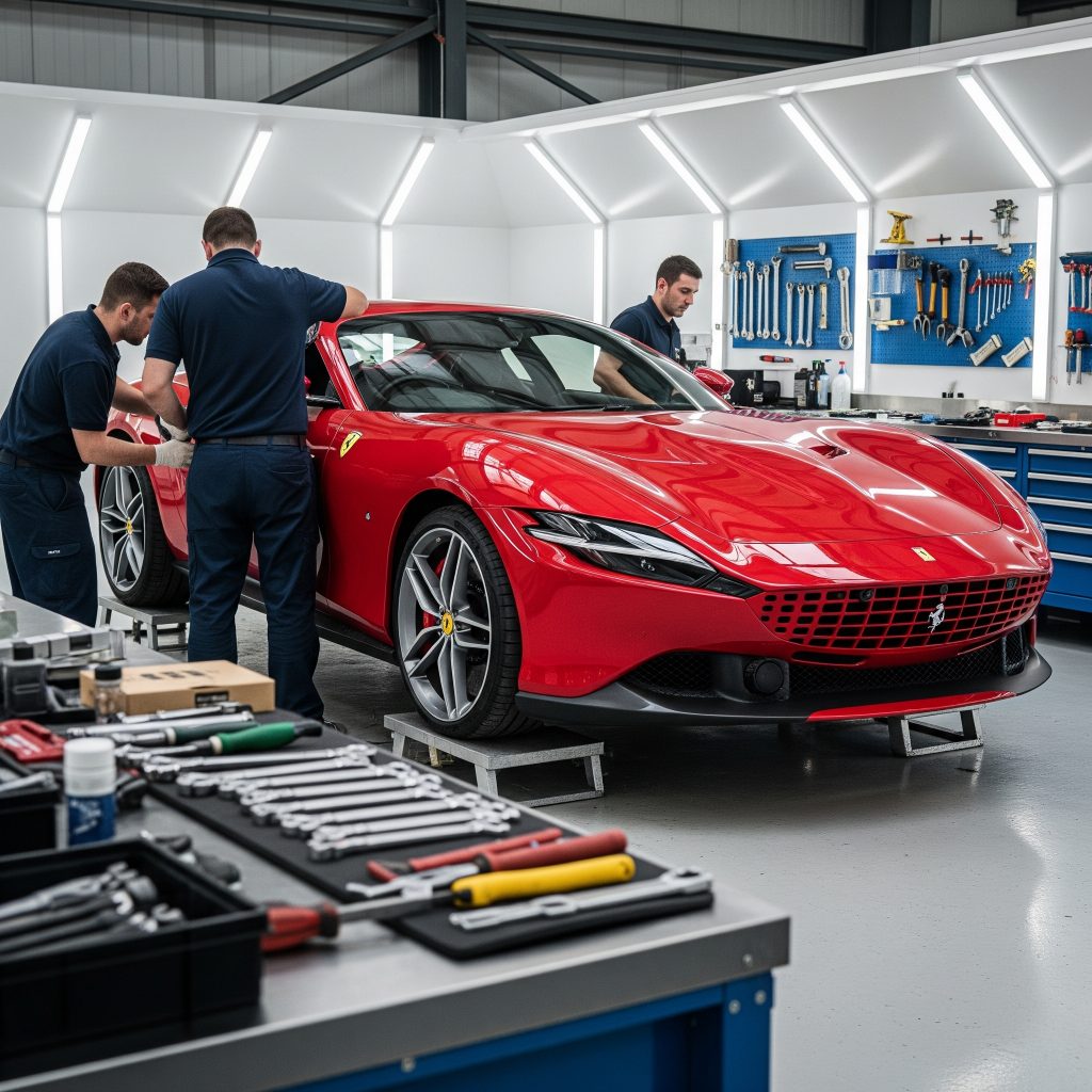 Ferrari being repaired at Oldham garage, luxury high-end sports car service.