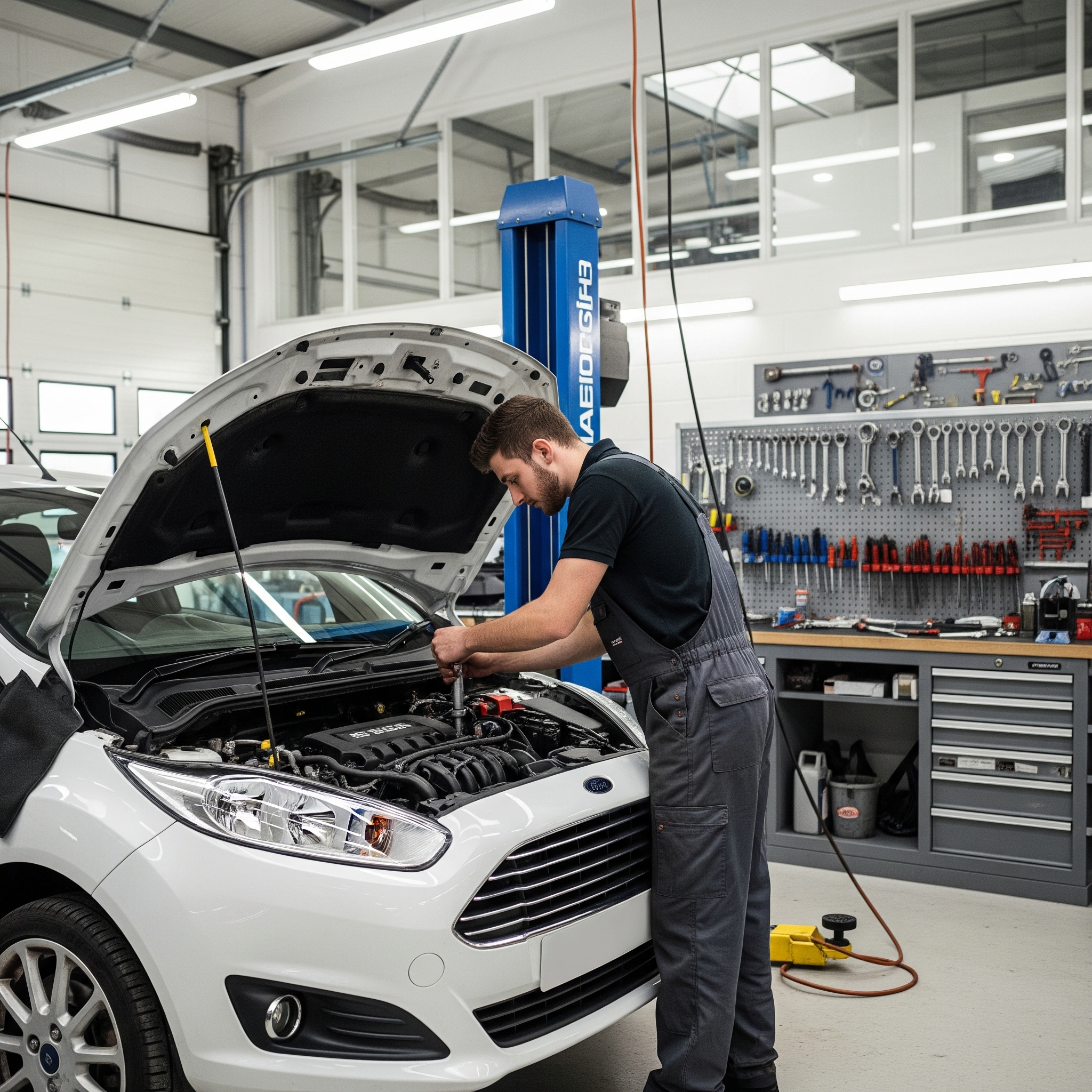 A technician at Unique Autos Oldham working on a vehicle's engine