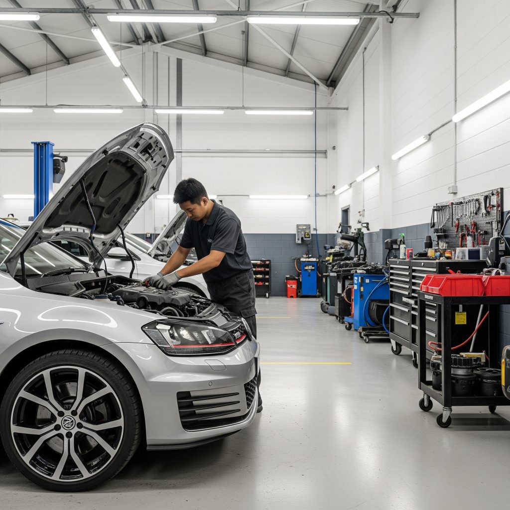 Golf GTI car repair service at Oldham garage with tools and professional auto maintenance.