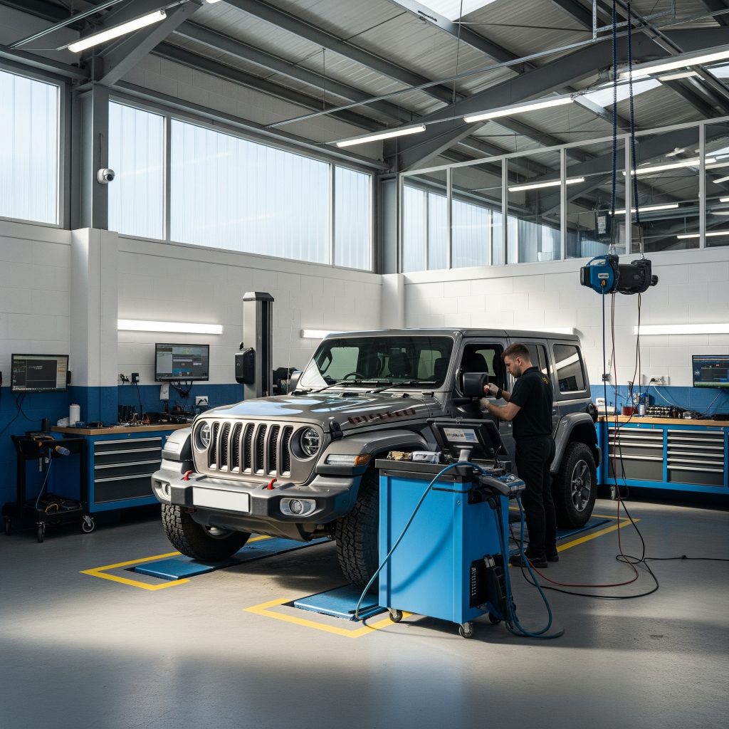 Jeep being repaired at Oldham garage for reliable vehicle maintenance.