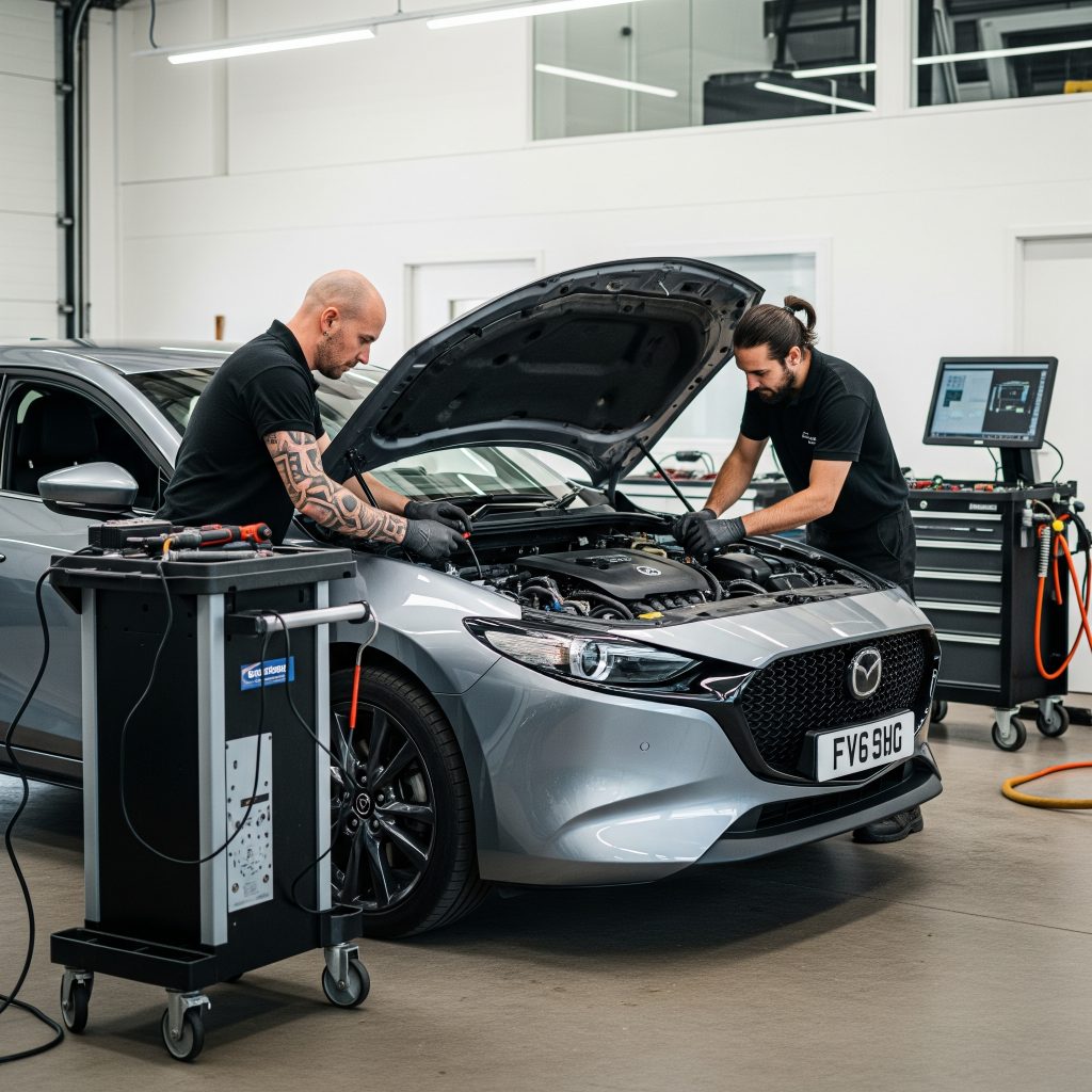 Mazda vehicle being repaired at our garage in Oldham.