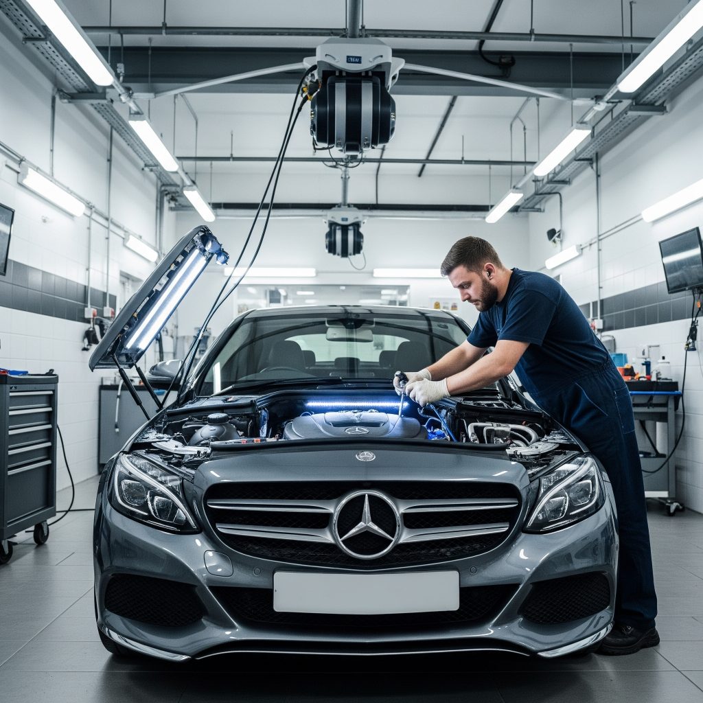 Mercedes being repaired at our trusted Oldham garage.