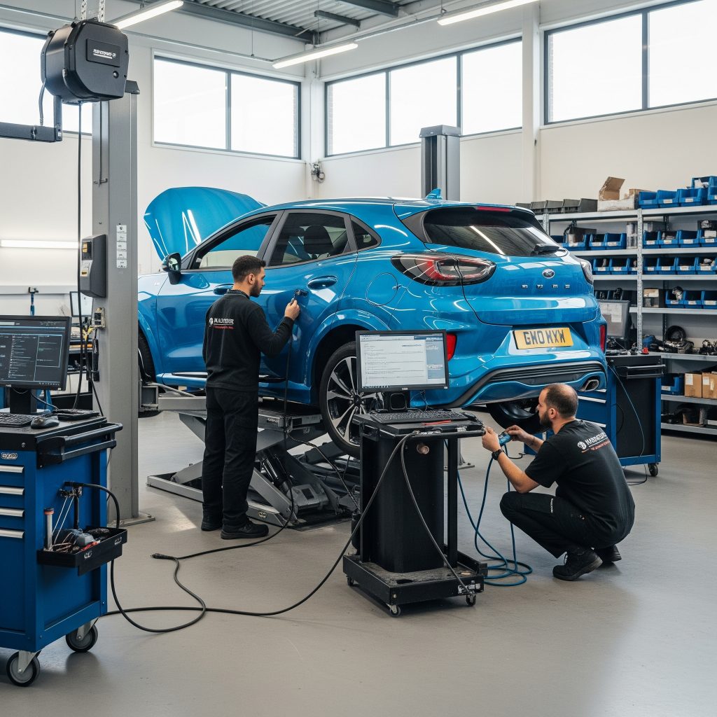 Blue Puma ST Line being repaired at an Oldham garage.